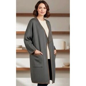 Soft Surroundings Cardigan Womens Sz M Longline Gray Wool Blend Open Front Knit